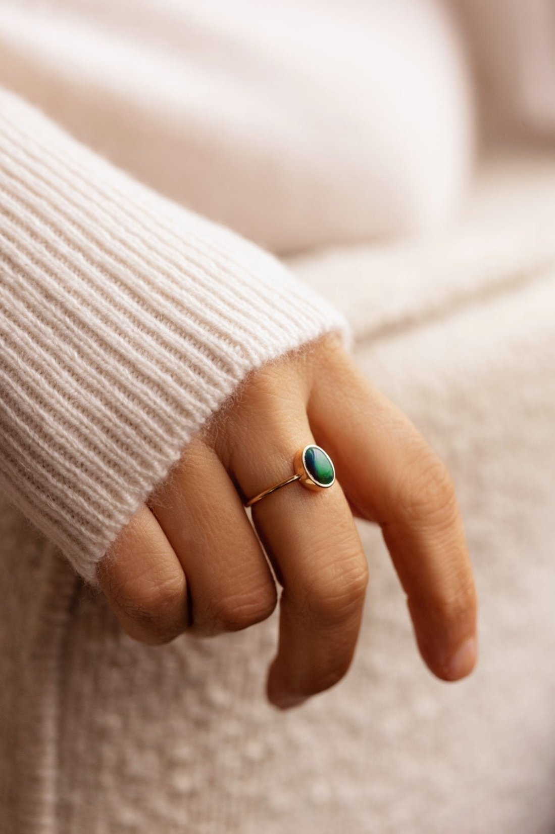 Natural Cabochon Oval Black Ethiopian Opal in 10k Solid Gold Ring