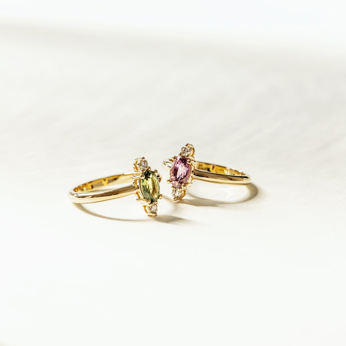 Custom natural Light-green Sapphire and RBC diamonds solid gold Ring