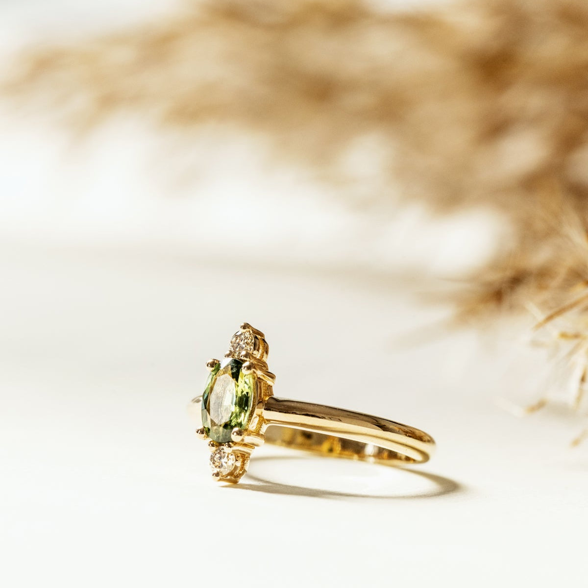 Custom natural Light-green Sapphire and RBC diamonds solid gold Ring