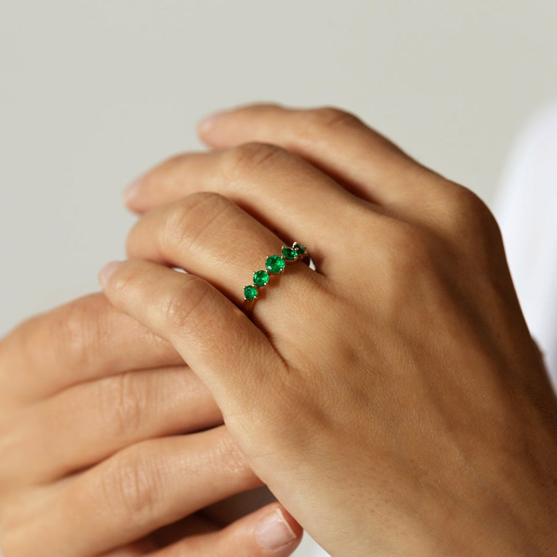 5 Stone Natural Emerald in solid 14K Gold Ring