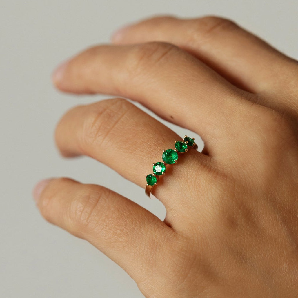 5 Stone Natural Emerald in solid 14K Gold Ring