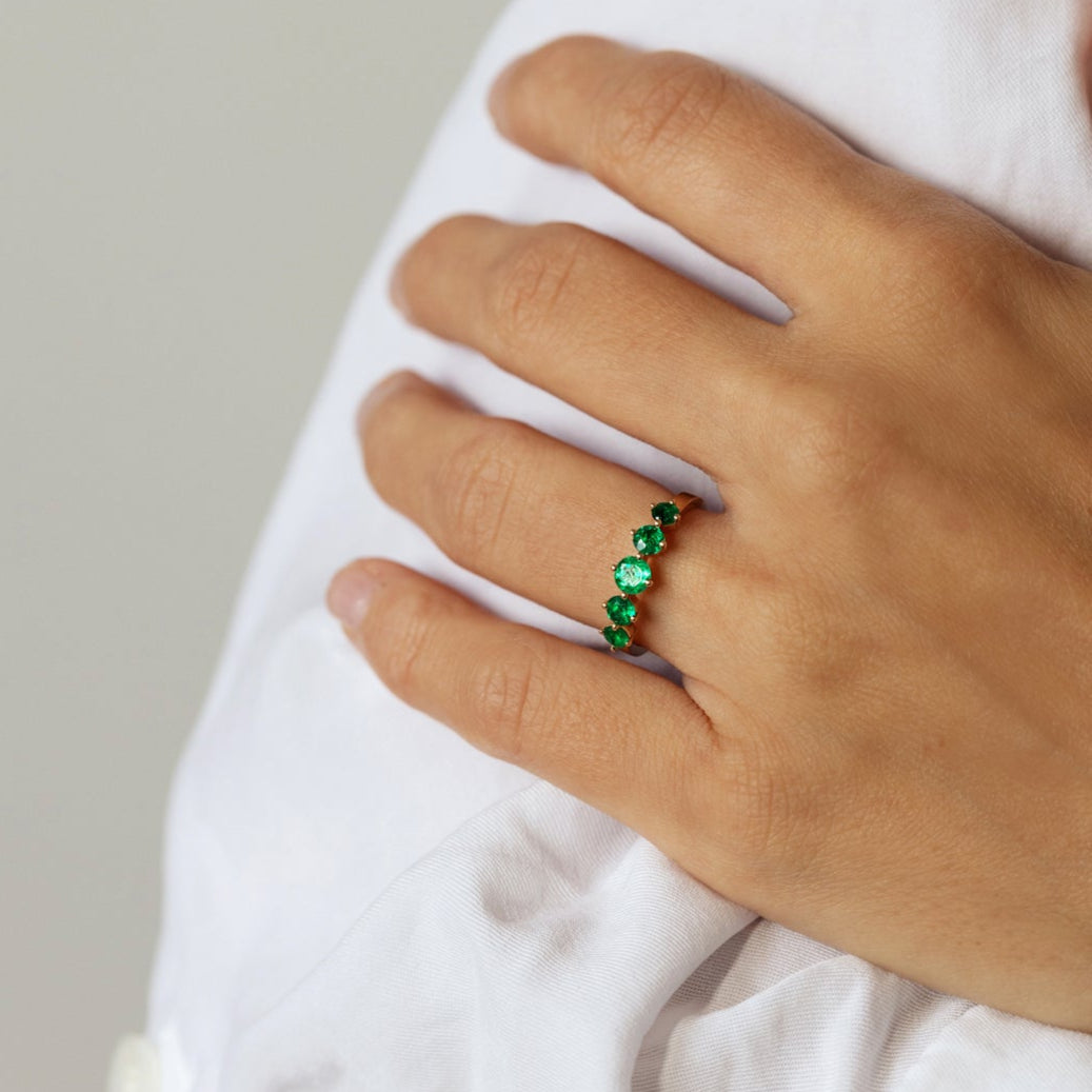 5 Stone Natural Emerald in solid 14K Gold Ring