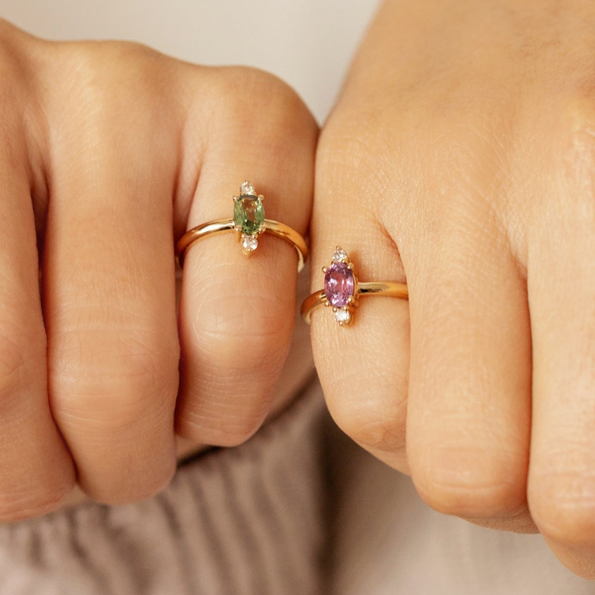 Custom natural Light-green Sapphire and RBC diamonds solid gold Ring
