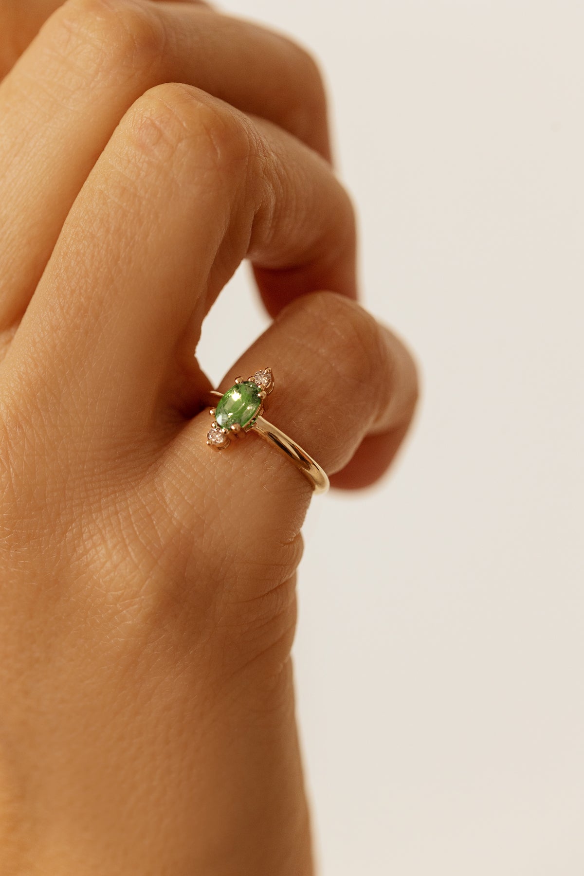 Custom natural Light-green Sapphire and RBC diamonds solid gold Ring