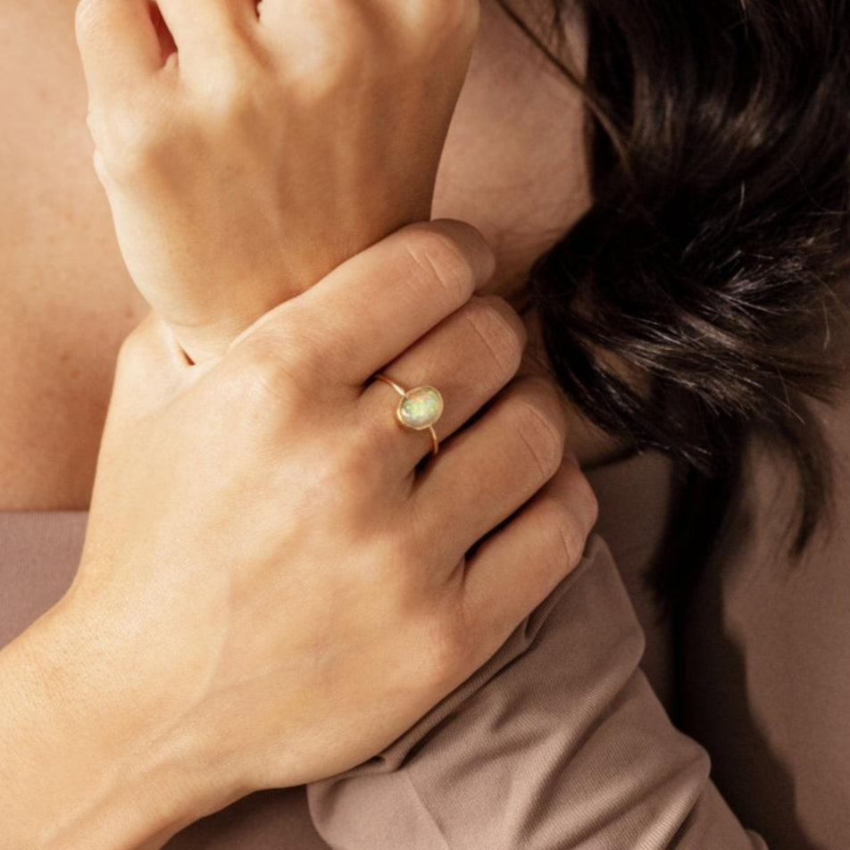 White Australian Opal in 10K Solid Yellow Gold Ring