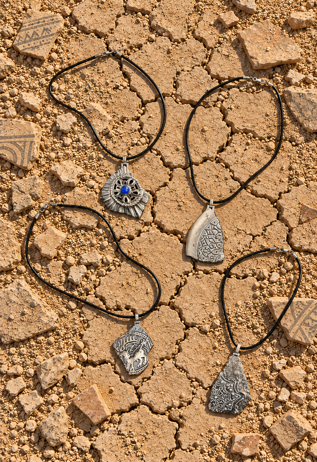 Handmade ancient Iranian inspired sterling silver stag pendant from the Shards Collection by Rooz Jewellery, with a stag with large antlers and a small figure in relief, dotted border and broken edge, on a black genuine leather cord