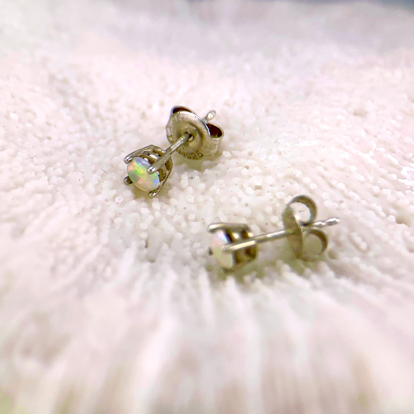 Round Opal Silver Stud Earrings