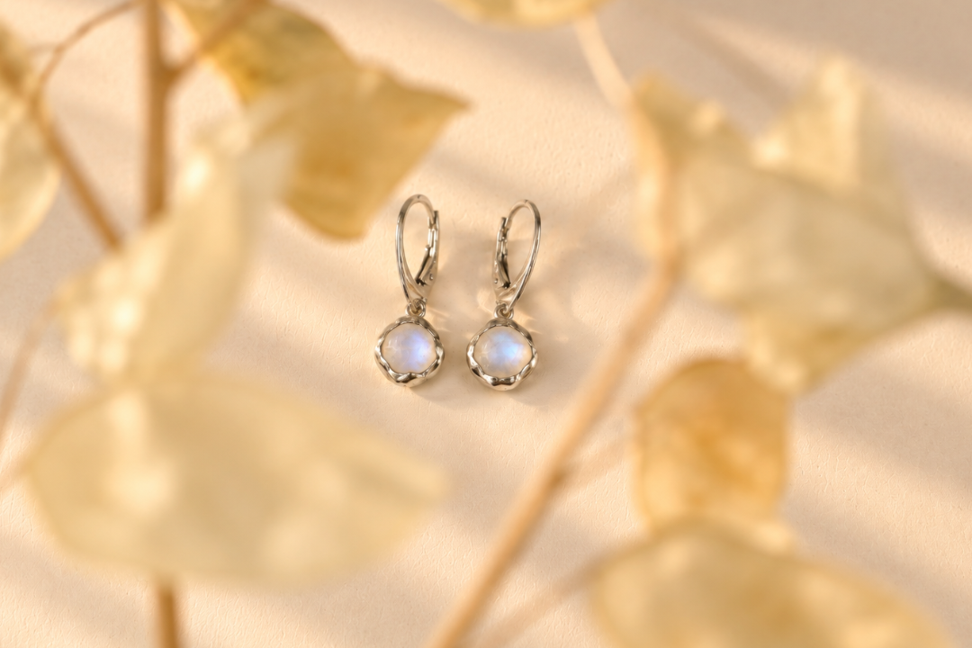Handmade organic sterling silver earrings with round moonstone cabochons on leverback hooks, Rooz Jewellery Toronto