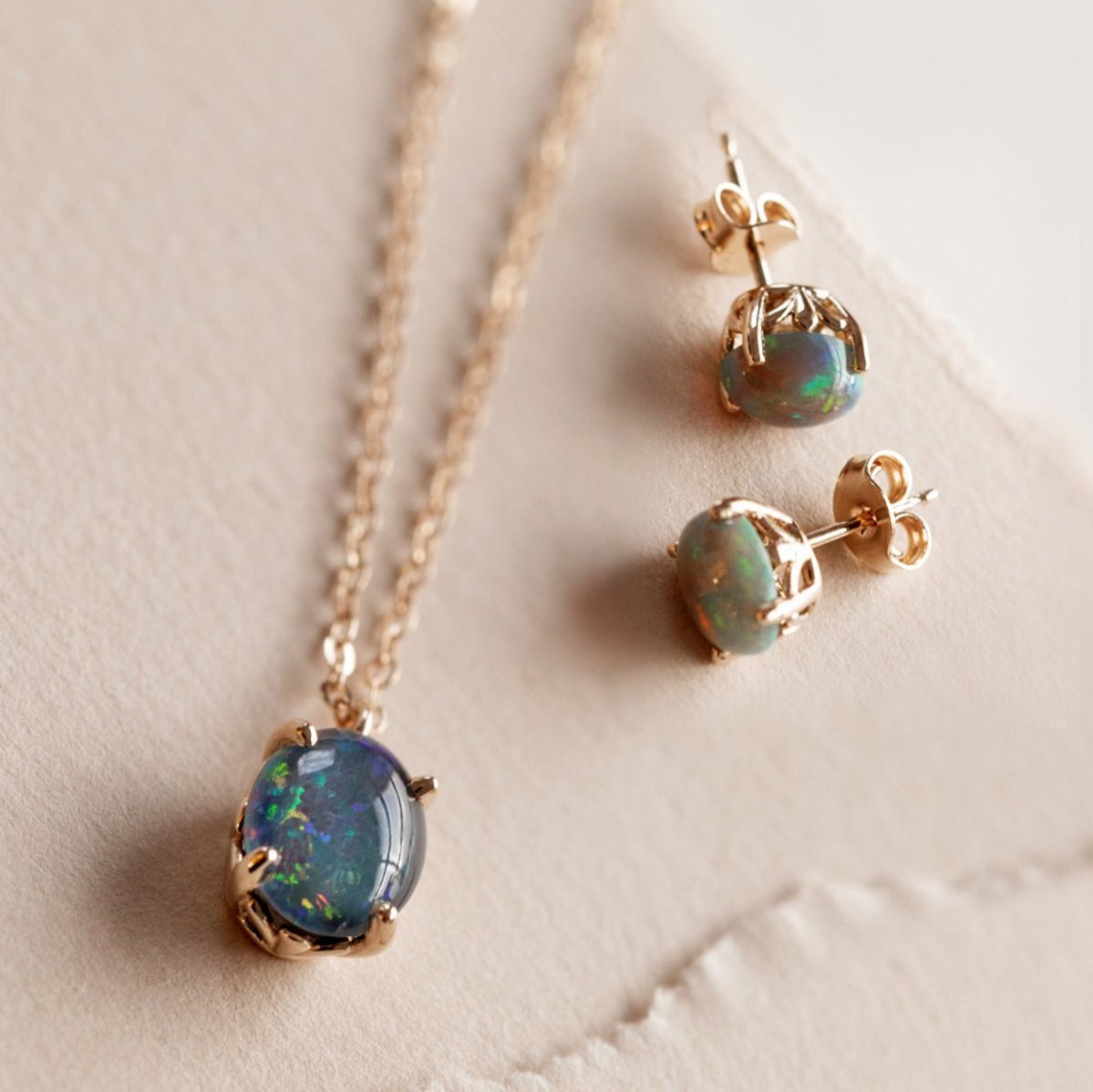 Ethiopian Opal in Solid 14k yellow Gold Pendant and Earrings