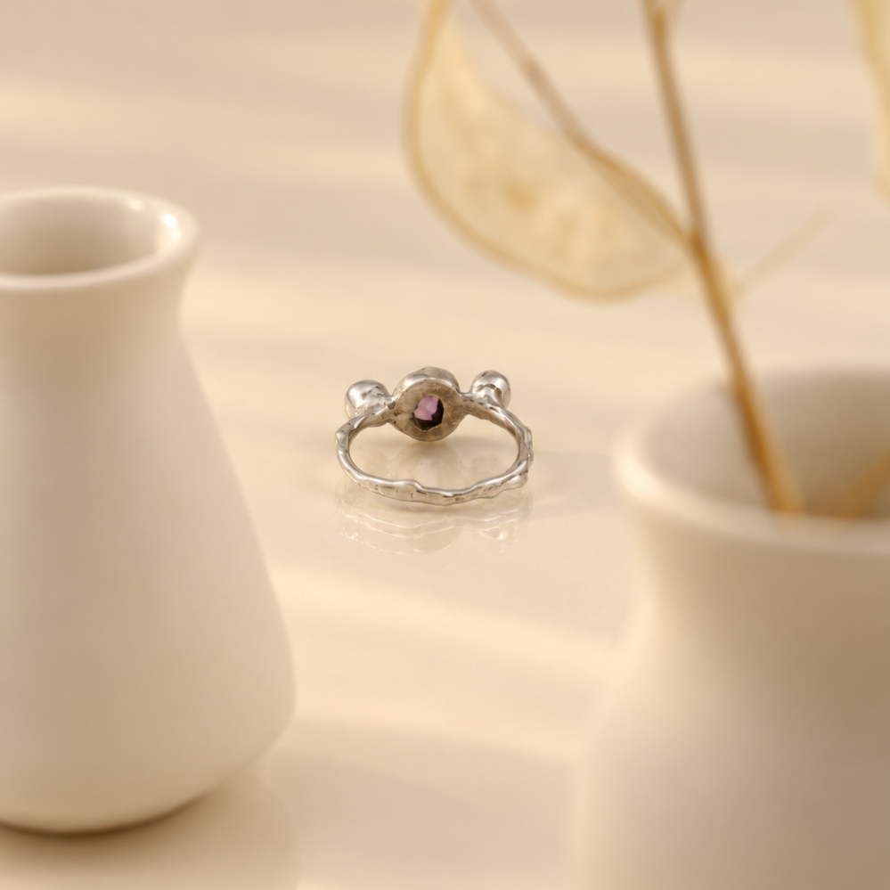 Handmade organic sterling silver ring with a cluster of three natural tourmaline stones, Rooz Jewellery