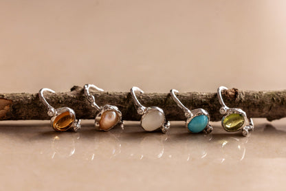 Five pairs of rings with different colored stones on a branch