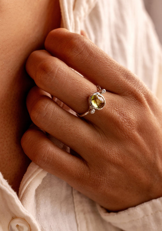 Peridot and diamonds in Organic Sterling Silver Ring