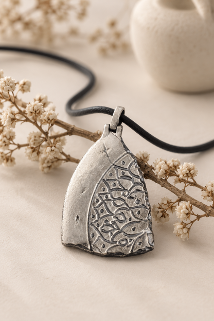 Handmade ancient Iranian inspired sterling silver pendant from the Shards Collection by Rooz Jewellery, half polished and half patterned with a Persian lattice of petals and dots, on a black genuine leather cord over ceramic fragments