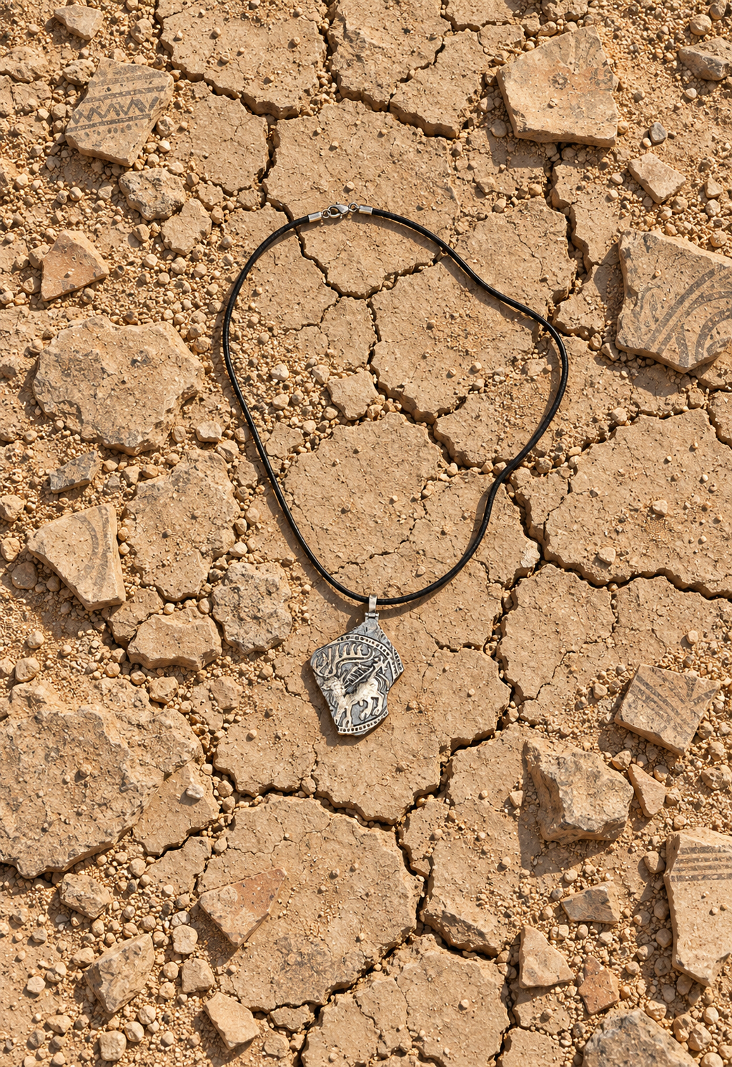 Handmade ancient Iranian inspired sterling silver stag pendant from the Shards Collection by Rooz Jewellery, with a stag with large antlers and a small figure in relief, dotted border and broken edge, on a black genuine leather cord