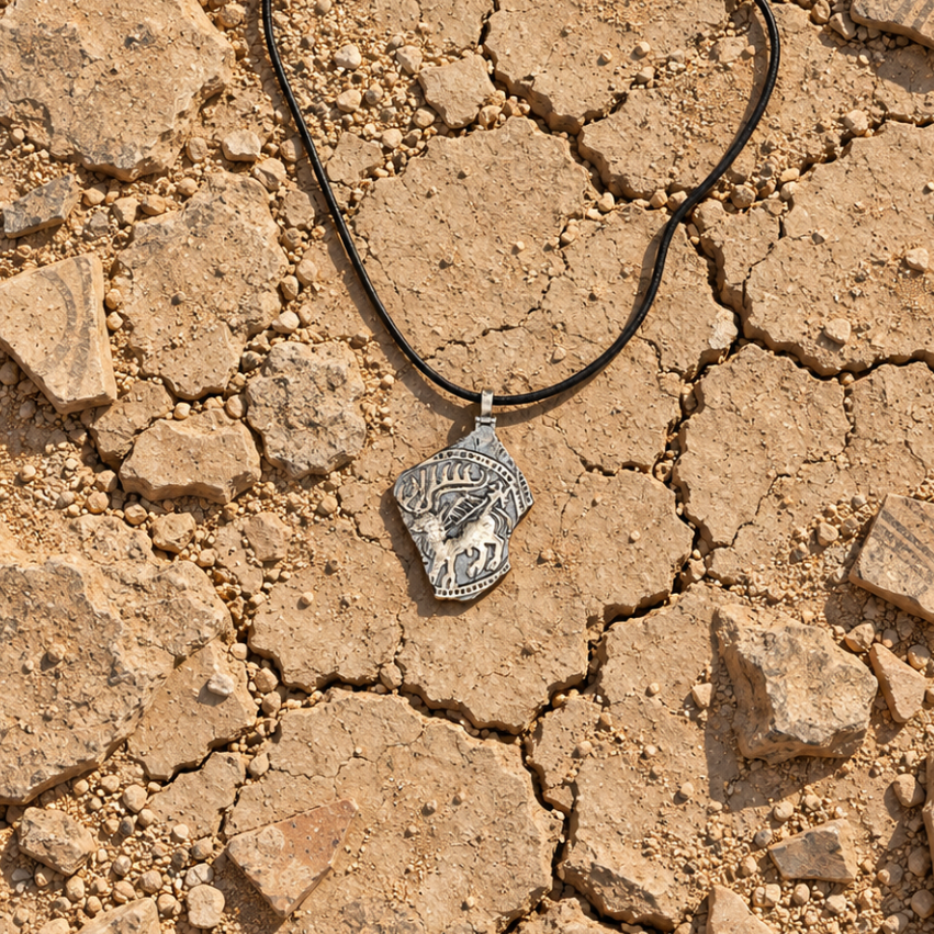 Handmade ancient Iranian inspired sterling silver stag pendant from the Shards Collection by Rooz Jewellery, with a stag with large antlers and a small figure in relief, dotted border and broken edge, on a black genuine leather cord