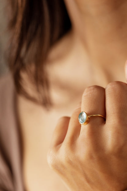 Natural Cabochon Oval Aquamarine in 10k Solid Gold Ring