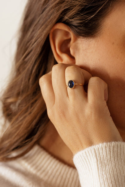 Natural Cabochon Oval Blue Sapphire in 10k Solid Gold Ring