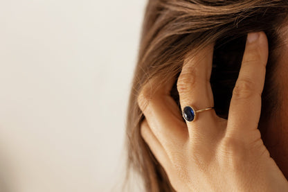 Natural Cabochon Oval Blue Sapphire in 10k Solid Gold Ring