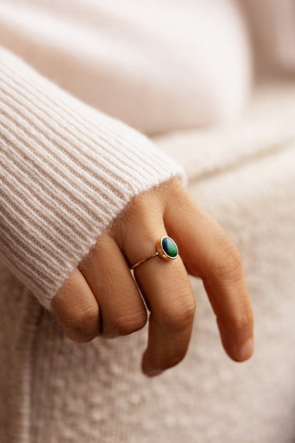 Natural Cabochon Oval Black Ethiopian Opal in 10k Solid Gold Ring