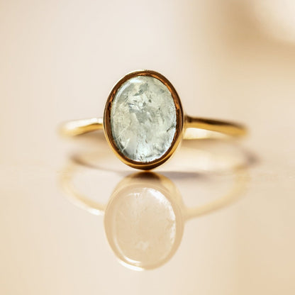 Natural Cabochon Oval Aquamarine in 10k Solid Gold Ring