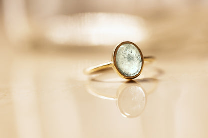 Natural Cabochon Oval Aquamarine in 10k Solid Gold Ring