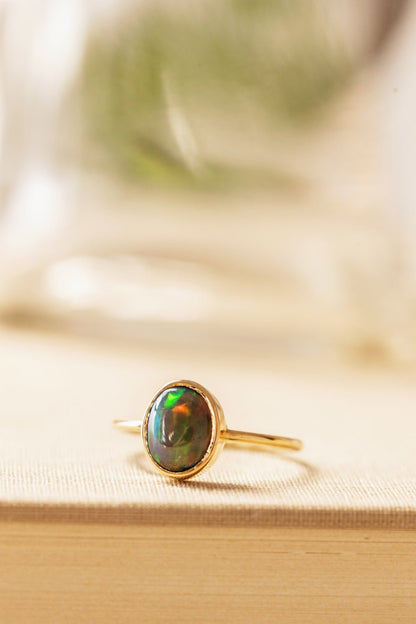 Natural Cabochon Oval Black Ethiopian Opal in 10k Solid Gold Ring