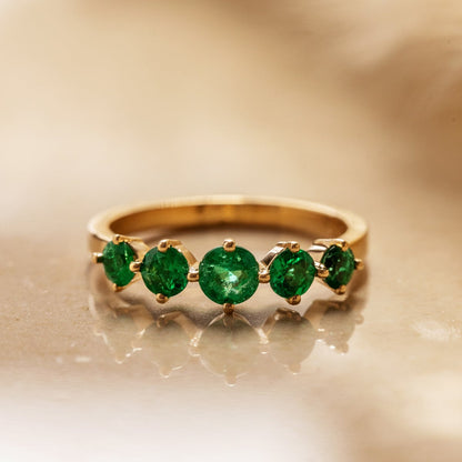 5 Stone Natural Emerald in solid 14K Gold Ring
