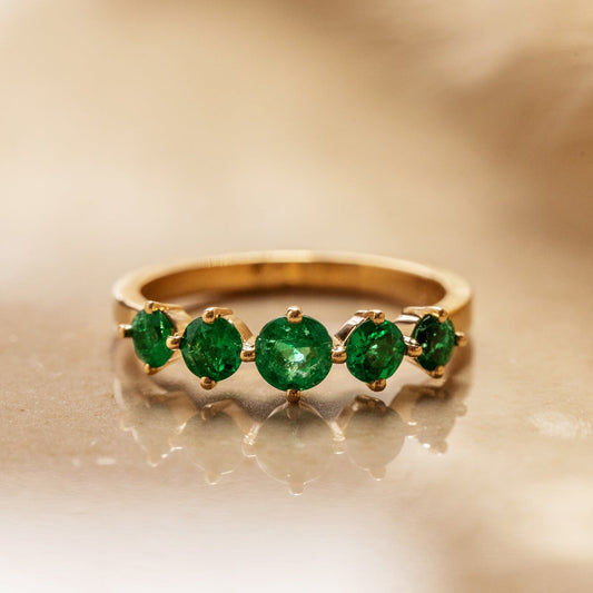 5 Stone Natural Emerald in solid 14K Gold Ring