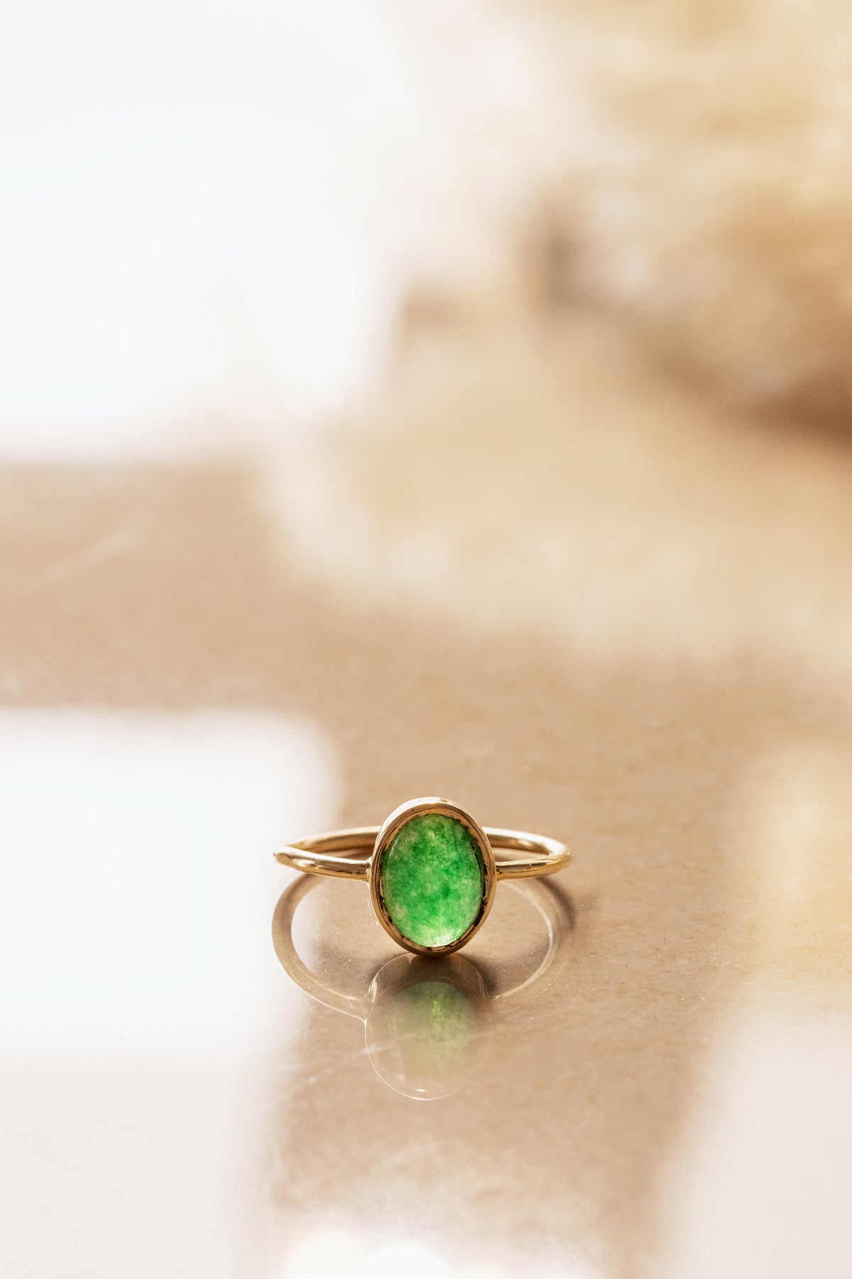 Green Jade in Solid 10K yellow Gold Ring