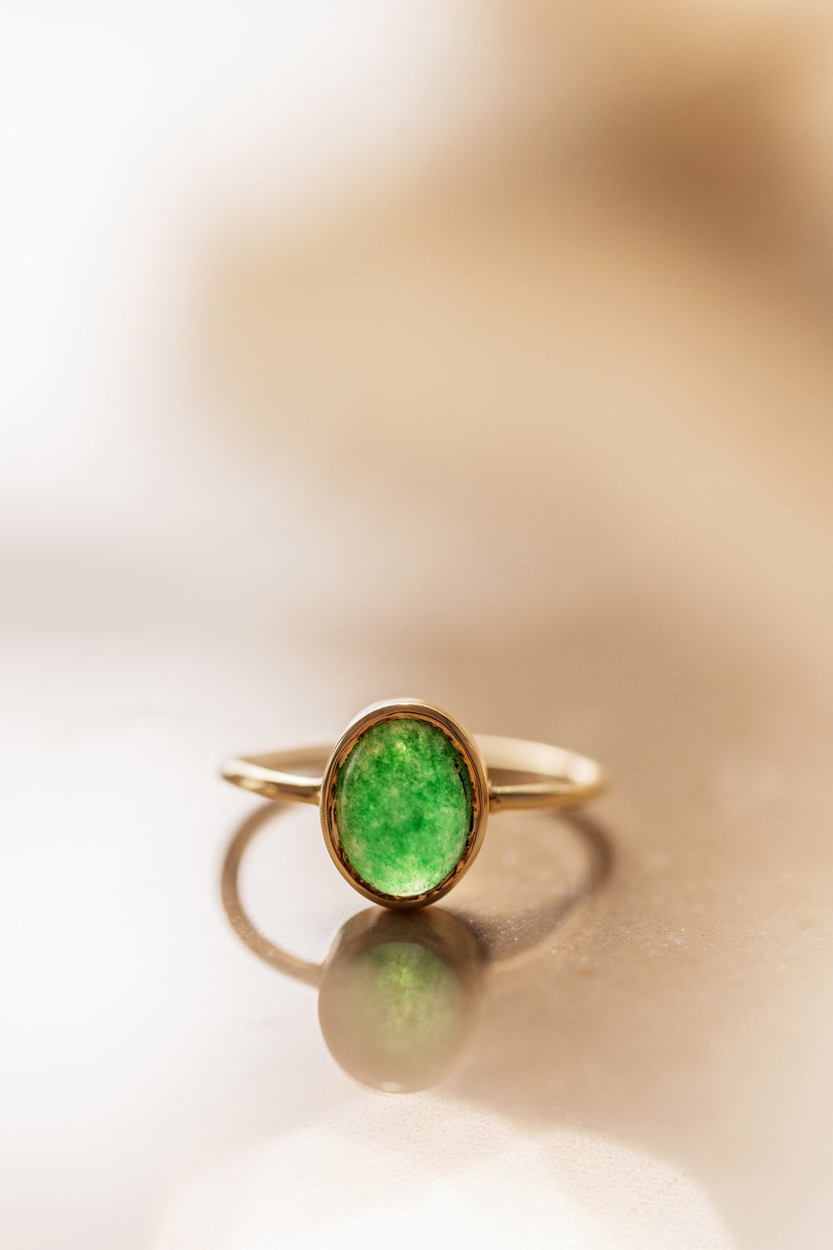 Green Jade in Solid 10K yellow Gold Ring