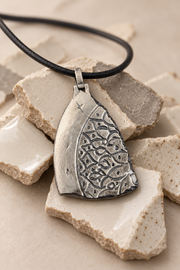 Handmade ancient Iranian inspired sterling silver pendant from the Shards Collection by Rooz Jewellery, half polished and half patterned with a Persian lattice of petals and dots, on a black genuine leather cord over ceramic fragments