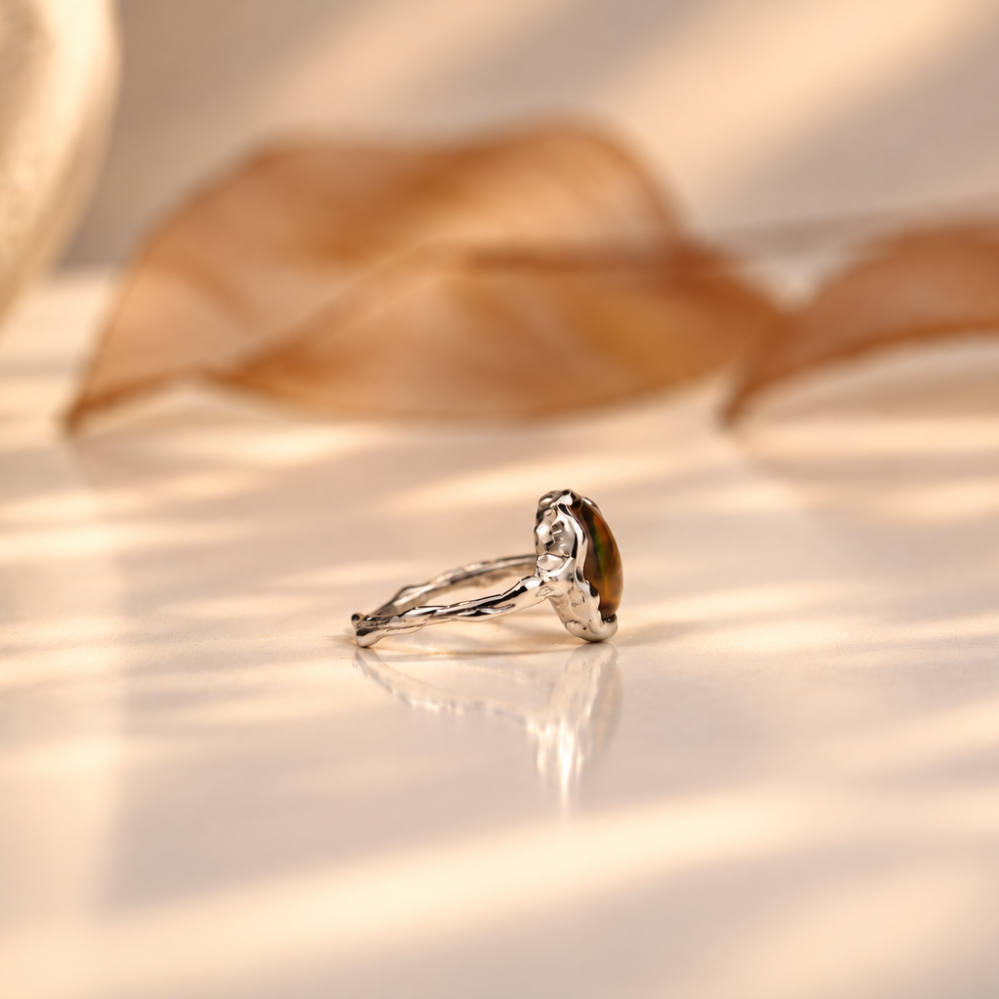 Handmade organic sterling silver ring with an iridescent mother of pearl oval, Rooz Jewellery Toronto