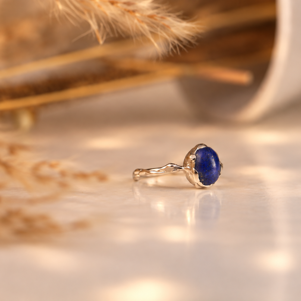 Handmade organic sterling silver ring with a deep blue lapis lazuli oval cabochon, Rooz Jewellery
