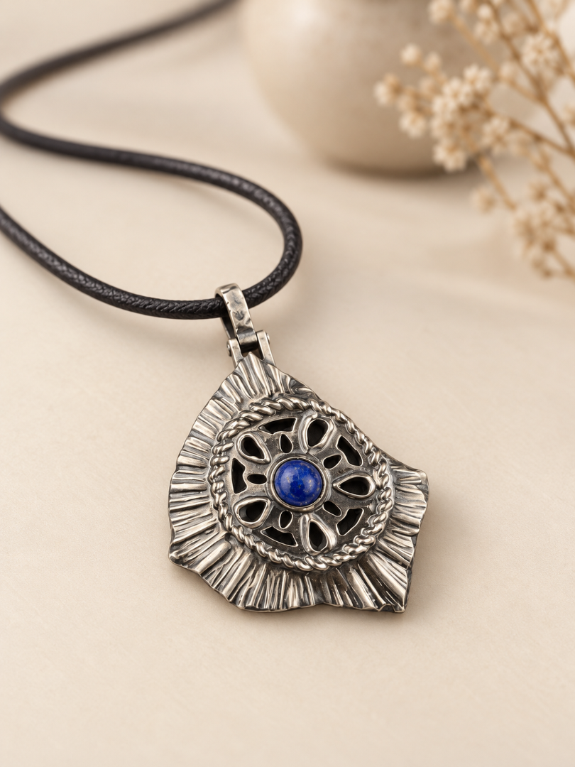 Handmade Persian and ancient Iranian inspired sterling silver medallion pendant with a round natural lapis lazuli cabochon, twisted-rope border and open floral petals, from Rooz Jewellery Shards Collection, on a black genuine leather cord