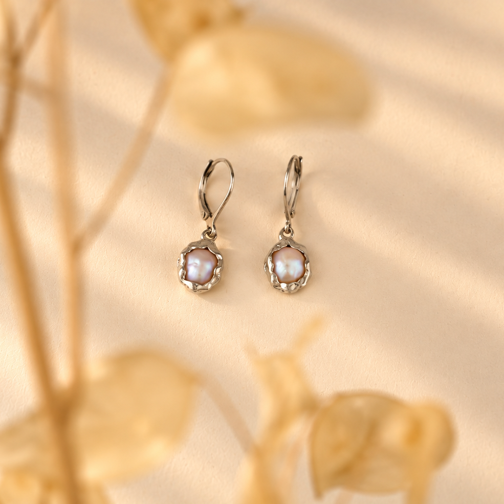 Handmade sterling silver drop earrings with baroque-style freshwater pearls and leverback hooks, Rooz Jewellery Toronto