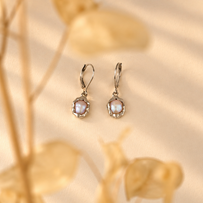 Handmade sterling silver drop earrings with baroque-style freshwater pearls and leverback hooks, Rooz Jewellery Toronto