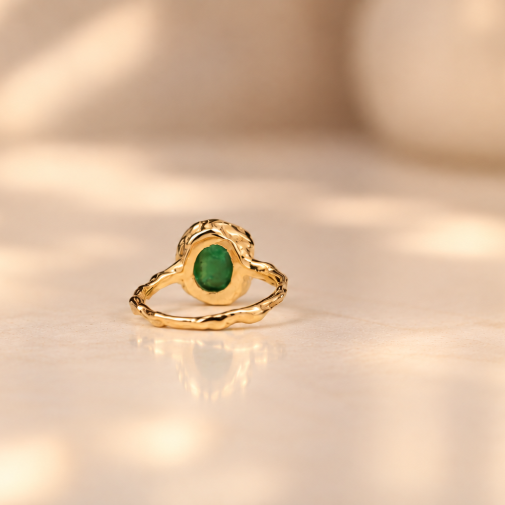 Handmade organic 10k yellow gold ring with a single green emerald oval cabochon, Rooz Jewellery Toronto