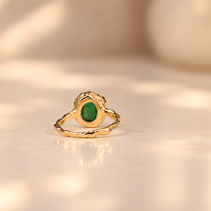 Handmade organic 10k yellow gold ring with a single green emerald oval cabochon, Rooz Jewellery Toronto