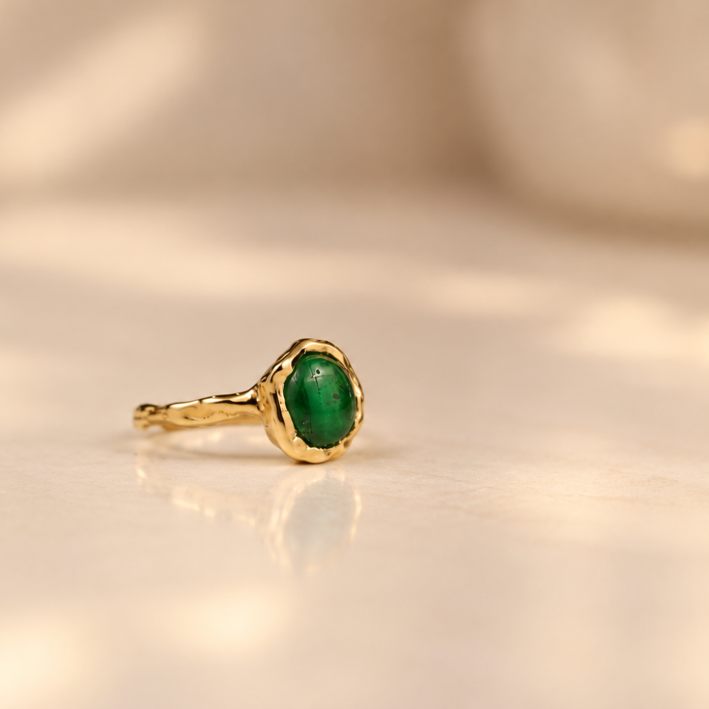Handmade organic 10k yellow gold ring with a single green emerald oval cabochon, Rooz Jewellery Toronto