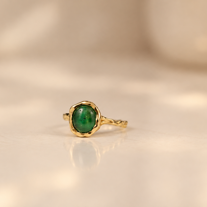 Handmade organic 10k yellow gold ring with a single green emerald oval cabochon, Rooz Jewellery Toronto