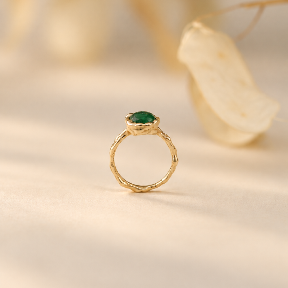 Handmade organic 10k yellow gold ring with a single green emerald oval cabochon, Rooz Jewellery Toronto