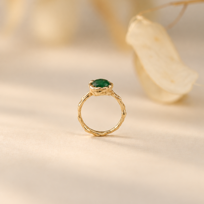 Handmade organic 10k yellow gold ring with a single green emerald oval cabochon, Rooz Jewellery Toronto