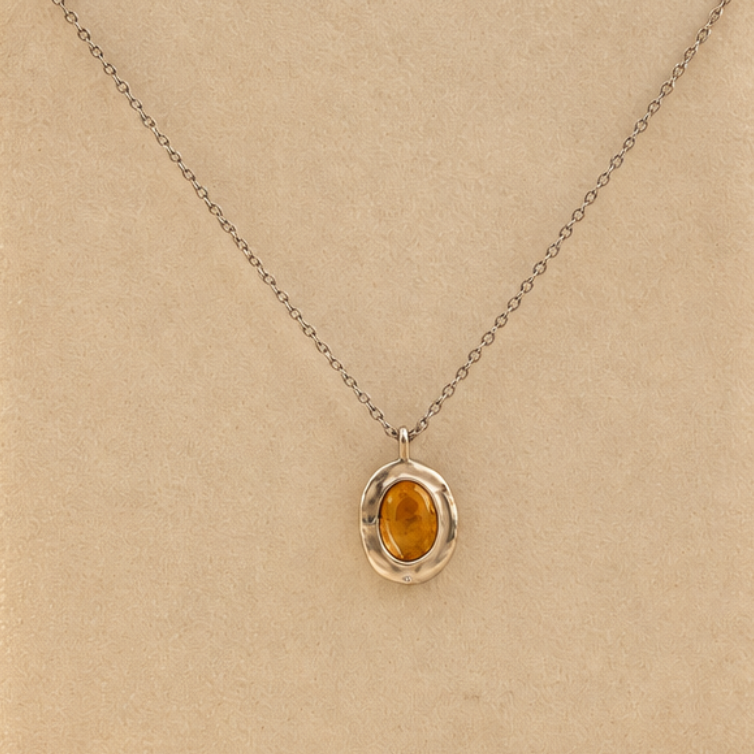 Handmade organic sterling silver pendant with a golden yellow oval citrine cabochon, Rooz Jewellery Toronto