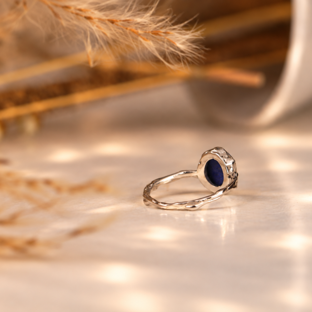 Handmade organic sterling silver ring with a deep blue lapis lazuli oval cabochon, Rooz Jewellery
