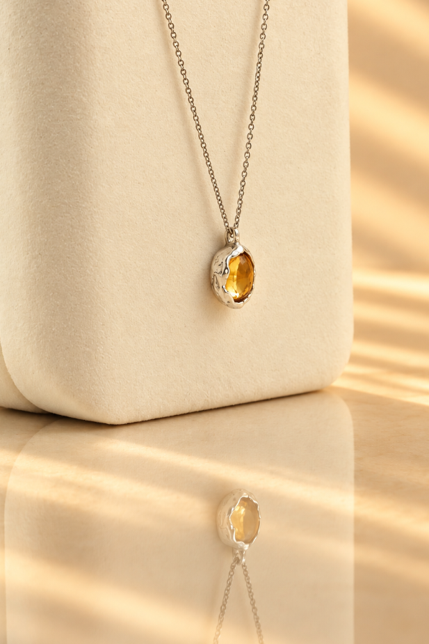 Handmade organic sterling silver pendant with a golden yellow oval citrine cabochon, Rooz Jewellery Toronto