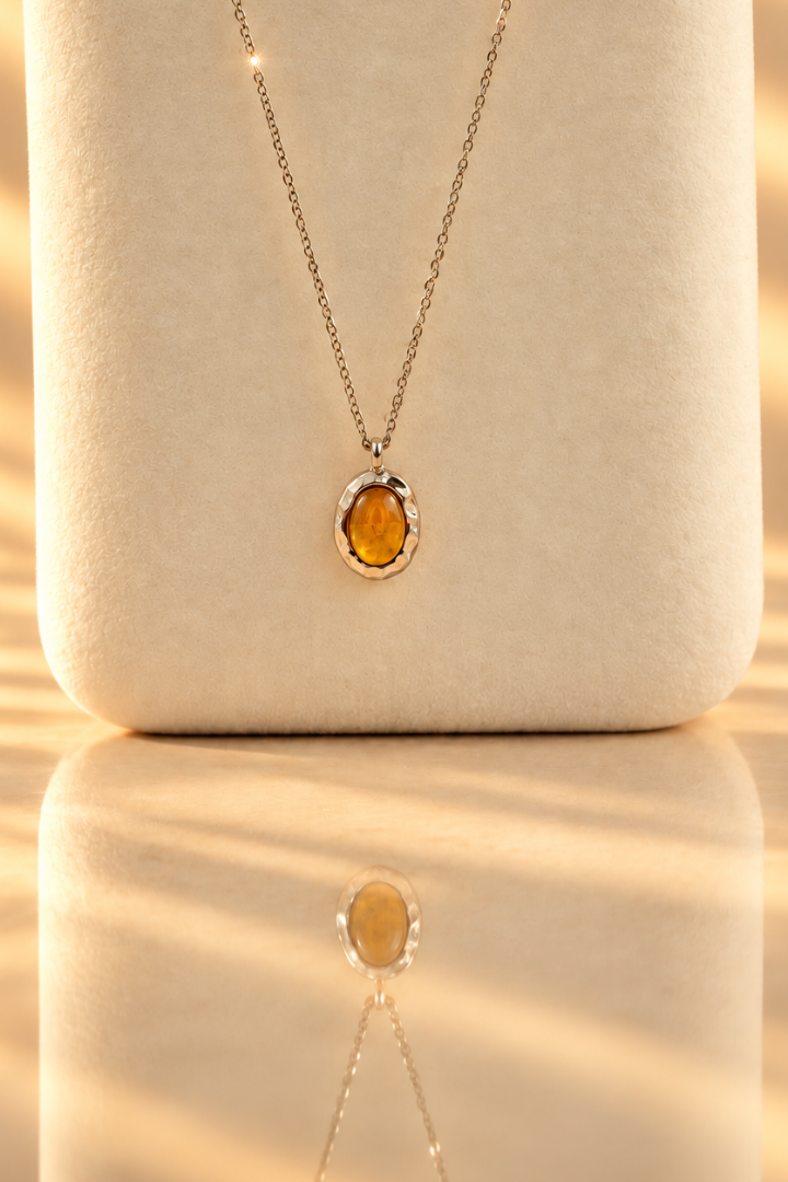 Handmade organic sterling silver pendant with a golden yellow oval citrine cabochon, Rooz Jewellery Toronto