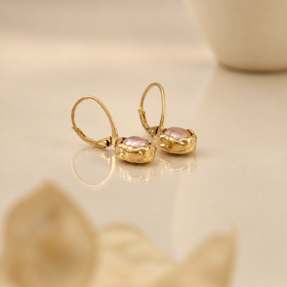 Handmade organic solid 10k gold drop earrings with irregular freshwater pearls on leverback hooks, Rooz Jewellery