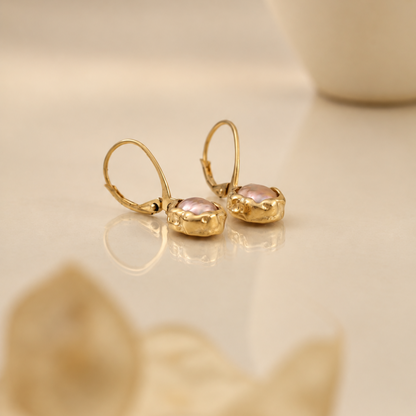 Handmade organic solid 10k gold drop earrings with irregular freshwater pearls on leverback hooks, Rooz Jewellery