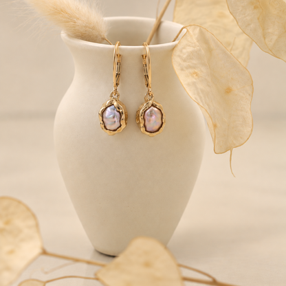 Handmade organic solid 10k gold drop earrings with irregular freshwater pearls on leverback hooks, Rooz Jewellery