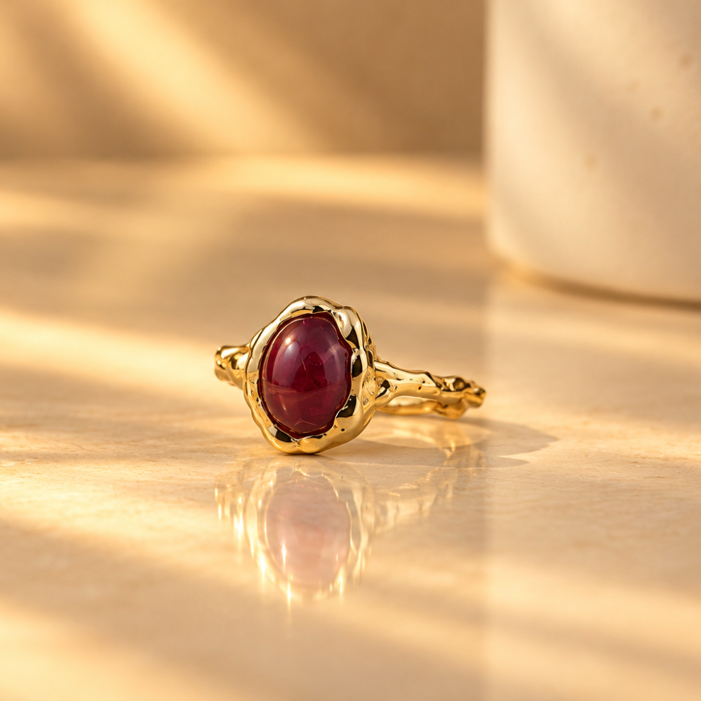 Handmade organic 10k yellow gold ring with a red oval ruby cabochon, Rooz Jewellery Toronto